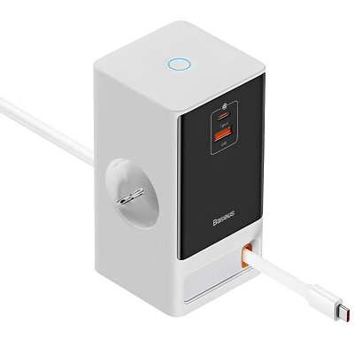 МЗП Baseus OS PowerCombo Digital PowerStrip+Retractable-C 65W (1USB-A/1C/2Socket) (1.5m) (PSLR000) Glacier White