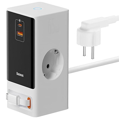 МЗП Baseus OS PowerCombo Digital PowerStrip+Retractable-C 65W (1USB-A/1C/2Socket) (1.5m) (PSLR000) Glacier White