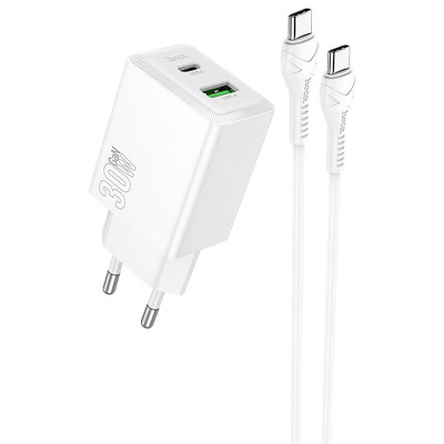 МЗП Hoco N71 Nuevo PD30W+QC3.0 (1USB-A/1C) + кабель Type-C to Type-C White