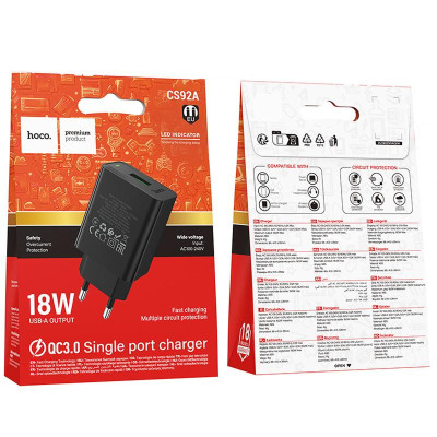 МЗП Hoco CS92A Leader 18W+QC3.0 (1USB-A) Black МЗП Hoco CS92A Leader 18W+QC3.0 (1USB-A) Black