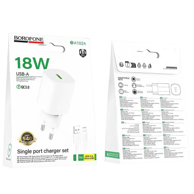 МЗП Borofone BA102A Pudding QC3.0 (1USB-A) + кабель USB to MicroUSB White МЗП Borofone BA102A Pudding QC3.0 (1USB-A) + кабель USB to MicroUSB White