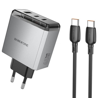 МЗП Borofone BN22 Lena PD65W (1USB-A/2C) + кабель Type-C to Type-C Metal gray