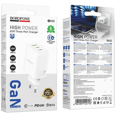 МЗП Borofone BN32 Cargador PD65W (1USB-A/2C) White МЗП Borofone BN32 Cargador PD65W (1USB-A/2C) White