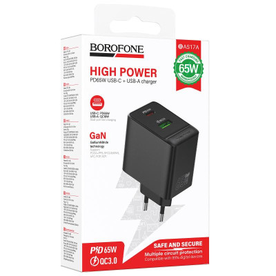 МЗП Borofone BAS17A Erudite PD65W+QC3.0 (1USB-A/1C) Black
