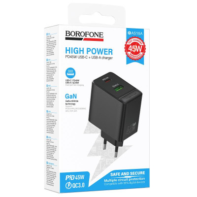МЗП Borofone BAS16A Erudite PD45W+QC3.0 (1USB-A/1C) Black МЗП Borofone BAS16A Erudite PD45W+QC3.0 (1USB-A/1C) Black