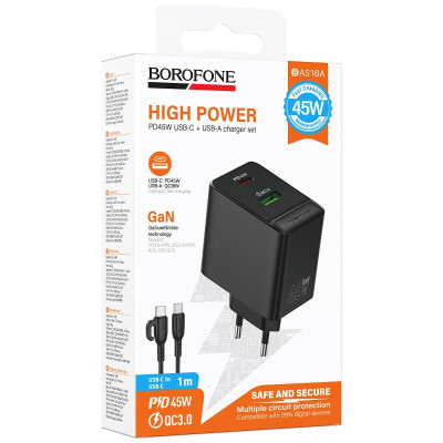МЗП Borofone BAS16A Erudite PD45W+QC3.0 (1USB-A/1C) + кабель Type-C to Type-C Black