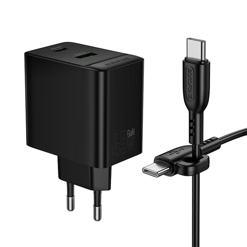МЗП Borofone BAS16A Erudite PD45W+QC3.0 (1USB-A/1C) + кабель Type-C to Type-C Black