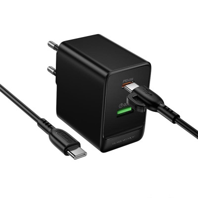 МЗП Borofone BAS16A Erudite PD45W+QC3.0 (1USB-A/1C) + кабель Type-C to Type-C Black