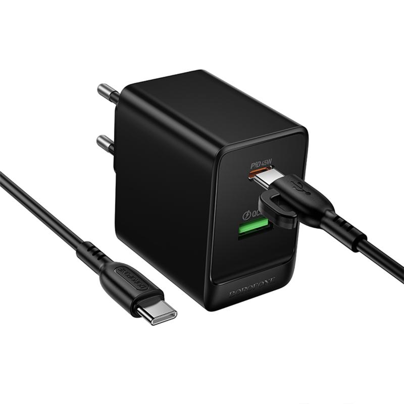 МЗП Borofone BAS16A Erudite PD45W+QC3.0 (1USB-A/1C) + кабель Type-C to Type-C Black