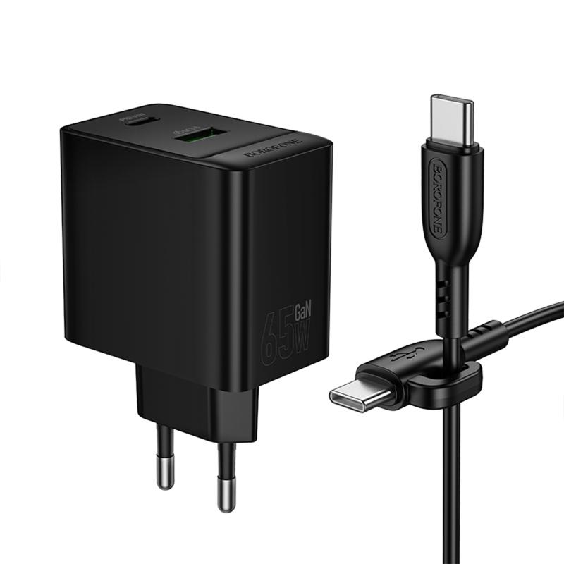 МЗП Borofone BAS17A Erudite PD65W+QC3.0 (1USB-A/1C) + кабель Type-C to Type-C Black