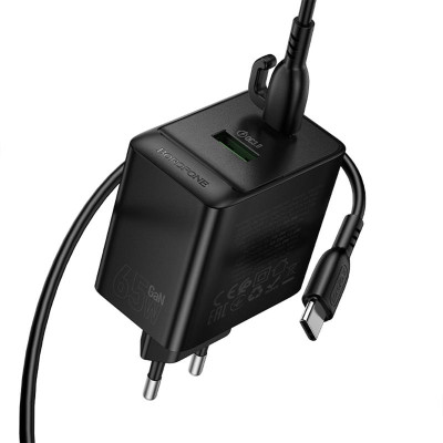 МЗП Borofone BAS17A Erudite PD65W+QC3.0 (1USB-A/1C) + кабель Type-C to Type-C Black