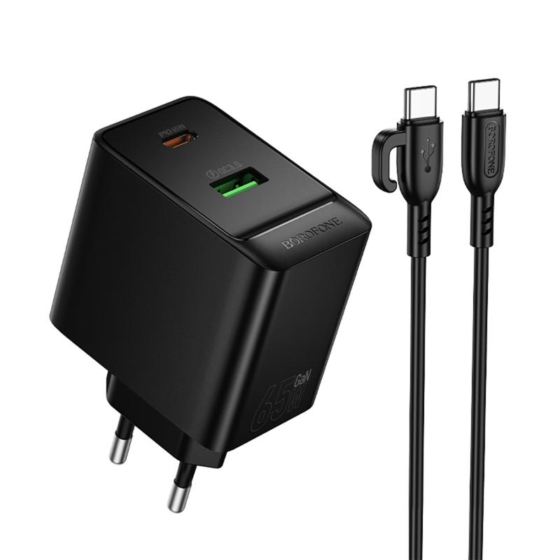 МЗП Borofone BAS17A Erudite PD65W+QC3.0 (1USB-A/1C) + кабель Type-C to Type-C Black