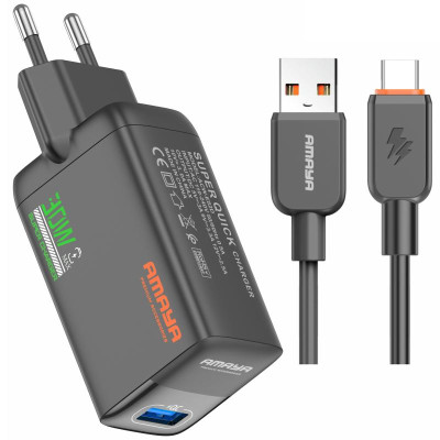 МЗП Amaya E82D QC3.0 30W (1USB-A) + кабель USB to Type-C Black