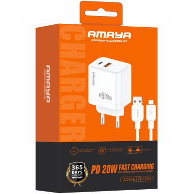 МЗП Amaya E77D PD20W+QC3.0 (1USB-A/1C) + кабель USB to Lightning White МЗП Amaya E77D PD20W+QC3.0 (1USB-A/1C) + кабель USB to Lightning White
