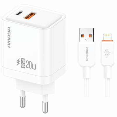 МЗП Amaya E77D PD20W+QC3.0 (1USB-A/1C) + кабель USB to Lightning White