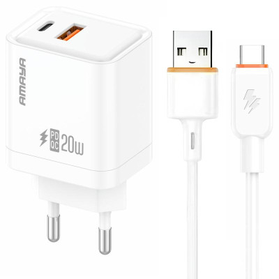 МЗП Amaya E77D PD20W+QC3.0 (1USB-A/1C) + кабель USB to Type-C White