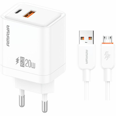 МЗП Amaya E77D PD20W+QC3.0 (1USB-A/1C) + кабель USB to MicroUSB White