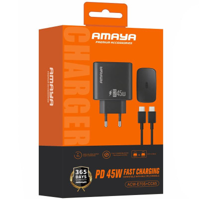 МЗП Amaya E70S PD45W (1USB-C) + кабель Type-C to Type-C Black МЗП Amaya E70S PD45W (1USB-C) + кабель Type-C to Type-C Black
