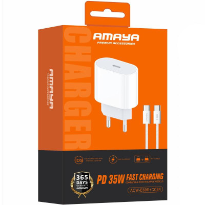 МЗП Amaya E69S PD35W (1USB-C) + кабель Type-C to Type-C White МЗП Amaya E69S PD35W (1USB-C) + кабель Type-C to Type-C White