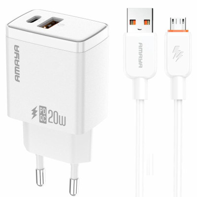 МЗП Amaya E67D PD20W+QC3.0 (1USB-A/1C) + кабель USB to MicroUSB White