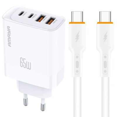 МЗП Amaya E101F PD65W+QC3.0 GaN (2USB-A/2C) + кабель Type-C to Type-C White