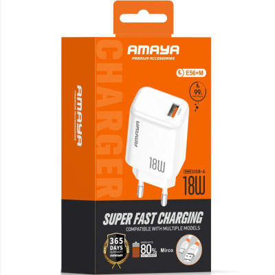 МЗП Amaya E56 PD20W+QC3.0 (1USB-A/1C) + кабель USB to MicroUSB White МЗП Amaya E56 PD20W+QC3.0 (1USB-A/1C) + кабель USB to MicroUSB White