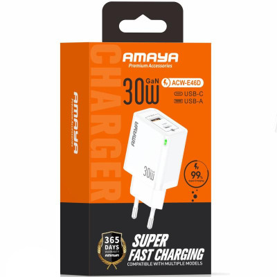 МЗП Amaya E46D PD30W+QC3.0 GaN (1USB-A/1C) White МЗП Amaya E46D PD30W+QC3.0 GaN (1USB-A/1C) White