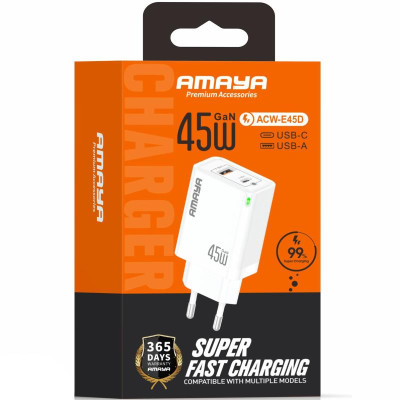 МЗП Amaya E45D PD45W+QC3.0 GaN (1USB-A/1C) White МЗП Amaya E45D PD45W+QC3.0 GaN (1USB-A/1C) White