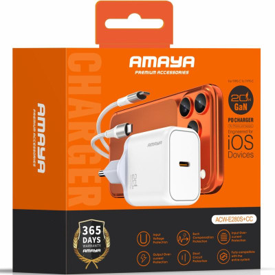 МЗП Amaya E280S PD20W GaN (1USB-C) + кабель Type-C to Type-C White МЗП Amaya E280S PD20W GaN (1USB-C) + кабель Type-C to Type-C White