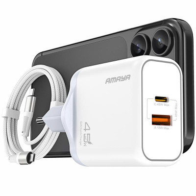 МЗП Amaya E580T PD45W+QC3.0 GaN (1USB-A/1C) + кабель Type-C to Type-C White