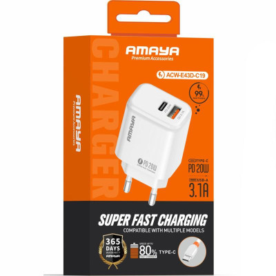 МЗП Amaya E43D PD20W (1USB-A/1C) + кабель USB to Type-C White МЗП Amaya E43D PD20W (1USB-A/1C) + кабель USB to Type-C White