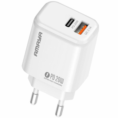 МЗП Amaya E43D PD20W (1USB-A/1C) + кабель USB to Type-C White