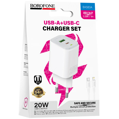 МЗП Borofone BAS83A Star PD20W+QC3.0 (1USB-A/1C) + кабель Type-C to Lightning White