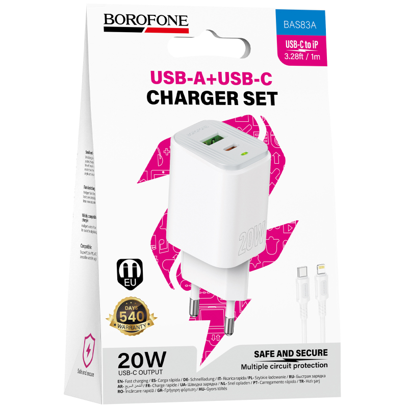 МЗП Borofone BAS83A Star PD20W+QC3.0 (1USB-A/1C) + кабель Type-C to Lightning White
