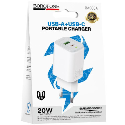 МЗП Borofone BAS83A Star PD20W+QC3.0 (1USB-A/1C) White МЗП Borofone BAS83A Star PD20W+QC3.0 (1USB-A/1C) White
