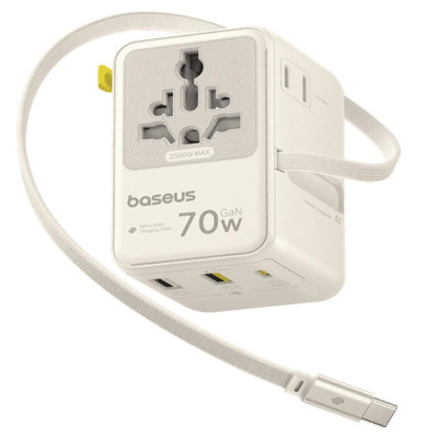Мережевий універсальний перехідник Baseus CG11 70W with retractable cable (2USB-A/3C/1Socket) (E0307E) Off-White