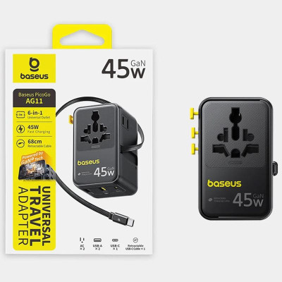 Мережевий універсальний перехідник Baseus AG11 45W with retractable cable (2USB-A/1C/1Socket) (E0307F) Cosmic Black Мережевий універсальний перехідник Baseus AG11 45W with retractable cable (2USB-A/1C/1Socket) (E0307F) Cosmic Black