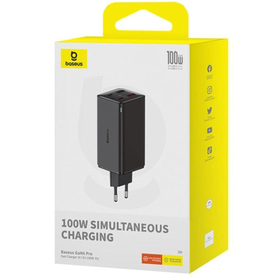 МЗП Baseus GaN6 Pro Fast Charger 100W (2USB-A/2C) (P101627) Cluster Black МЗП Baseus GaN6 Pro Fast Charger 100W (2USB-A/2C) (P101627) Cluster Black