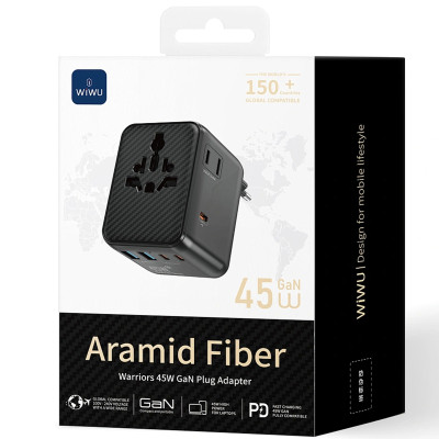 Мережевий універсальний перехідник WIWU UA010 Warrior GaN 45W + 2USB-A/3C Black Мережевий універсальний перехідник WIWU UA010 Warrior GaN 45W + 2USB-A/3C Black