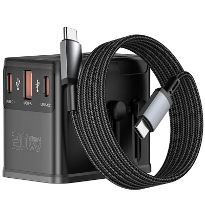 Мережевий універсальний перехідник WIWU UA013 20W GaN + 1USB-A/2C with retractable cable Type-C Black