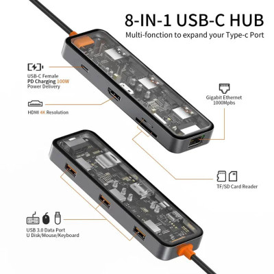 Перехідник HUB WIWU Cyber hub CB008 8 in 1 Grey