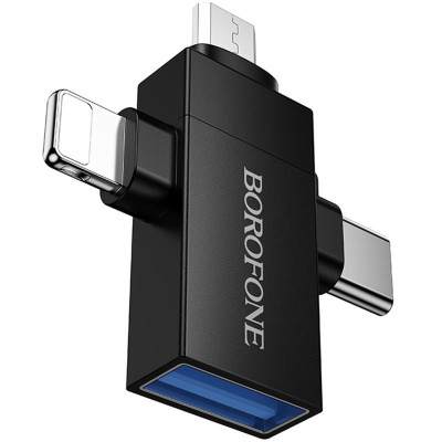 Перехідник Borofone BV26D 3in1 Lightning male/Type-C male/Micro male to USB2.0 female Black