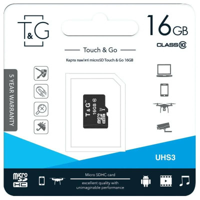 Карта пам'яті T&G (UHS-3) microSDHC Class 10 - 16GB (без адаптера) Чорний Карта пам'яті T&G (UHS-3) microSDHC Class 10 - 16GB (без адаптера) Чорний