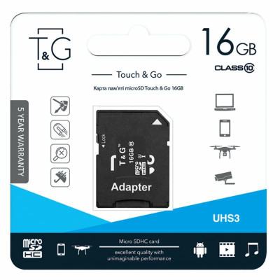 Карта пам'яті T&G (UHS-3) microSDHC Class 10 - 16GB (з адаптером) Чорний Карта пам'яті T&G (UHS-3) microSDHC Class 10 - 16GB (з адаптером) Чорний