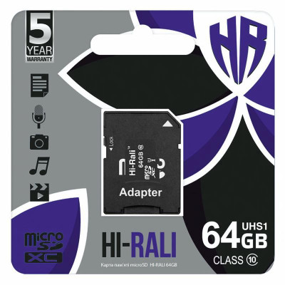 Карта пам'яті Hi-Rali (UHS-1) microSDXC Class 10 - 64GB (з адаптером) Чорний