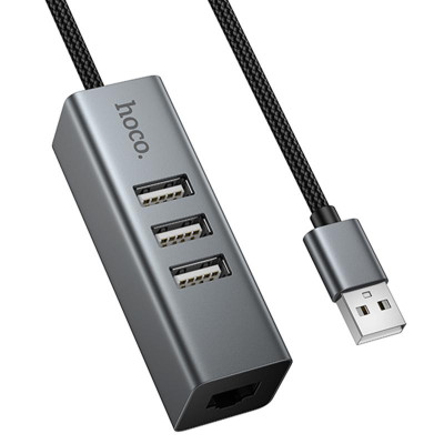 Перехідник HUB Hoco HB1D USB to USB2.0*3+RJ45 Metal gray