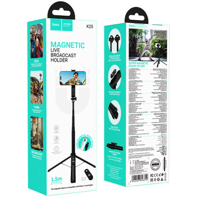 Монопод для селфі Hoco K25 magnetic трипод + знімний BT пульт Black Монопод для селфі Hoco K25 magnetic трипод + знімний BT пульт Black