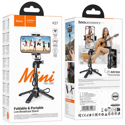 Монопод для селфі Hoco K27 mini трипод + знімний BT пульт Black Монопод для селфі Hoco K27 mini трипод + знімний BT пульт Black