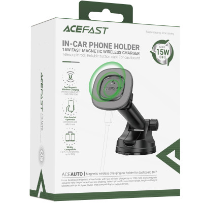 Автотримач з БЗП Acefast D47 Magnetic Charging 15W (center console) Black Автотримач з БЗП Acefast D47 Magnetic Charging 15W (center console) Black