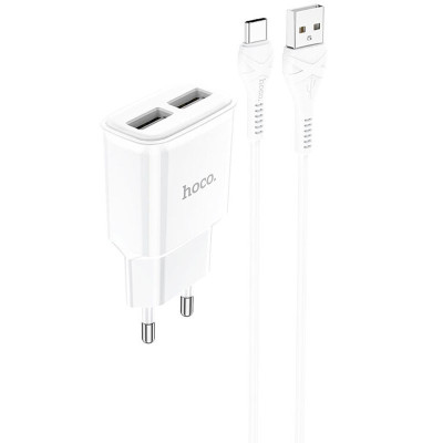 МЗП Hoco C88A Star round 2.4A (2USB-A) + кабель USB to Type-C Білий